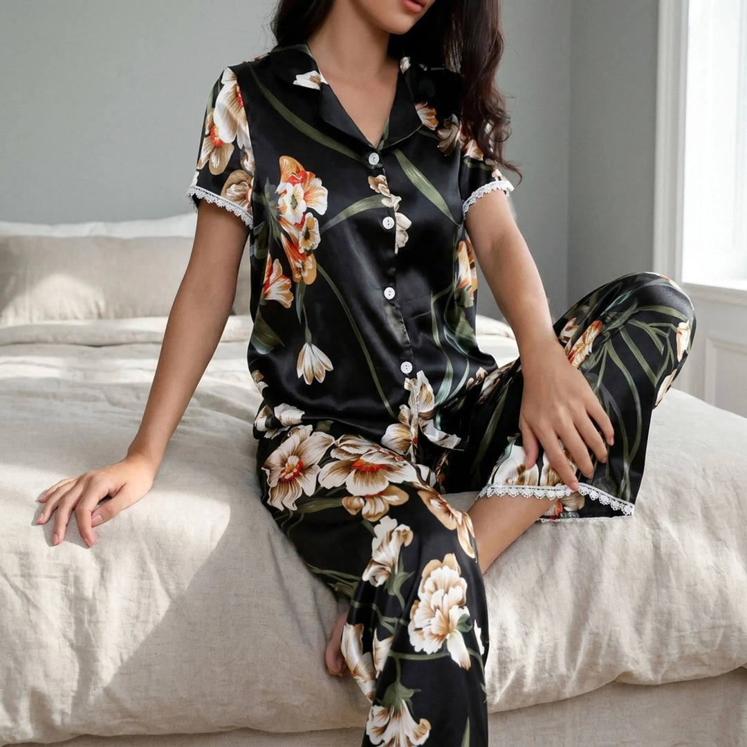 Women's relaxed fit button-up pajama set. Comfortable ladies sleepwear for lounging.