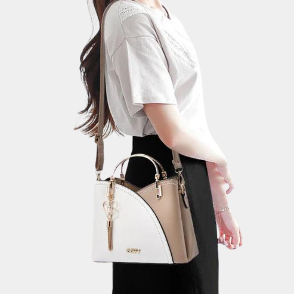 Khaki geometric shoulder bag for women, featuring a removable strap for crossbody wear.