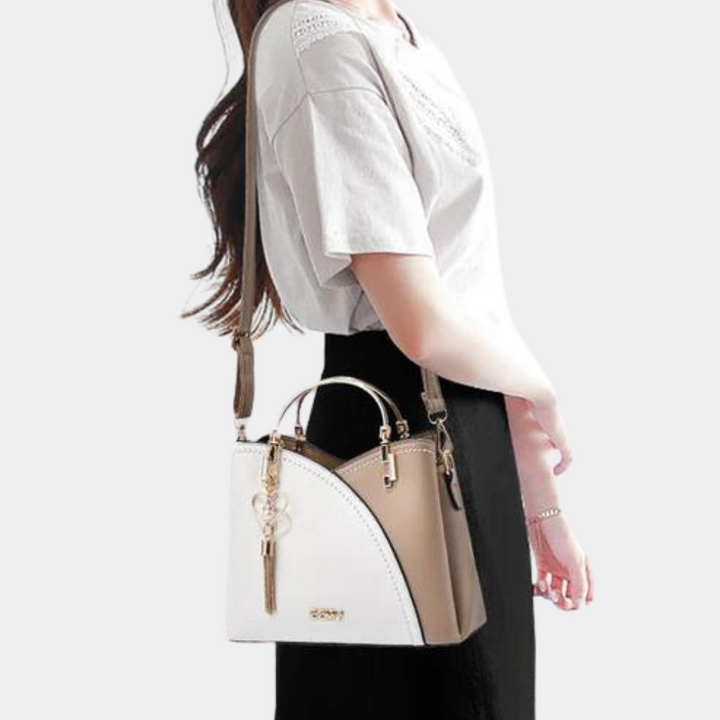 Khaki geometric shoulder bag for women, featuring a removable strap for crossbody wear.