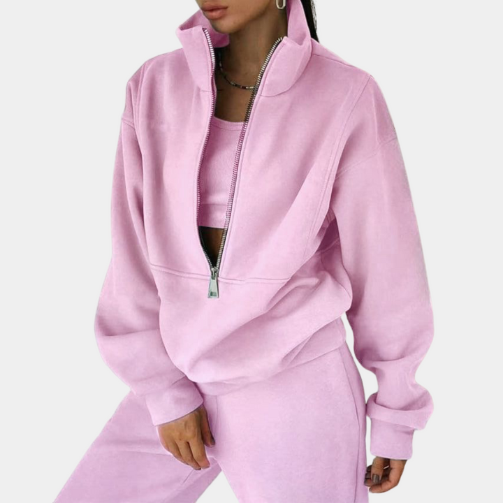 Stylish women's two-piece jogging tracksuit set, versatile for activewear, lounging, or a casual day out.