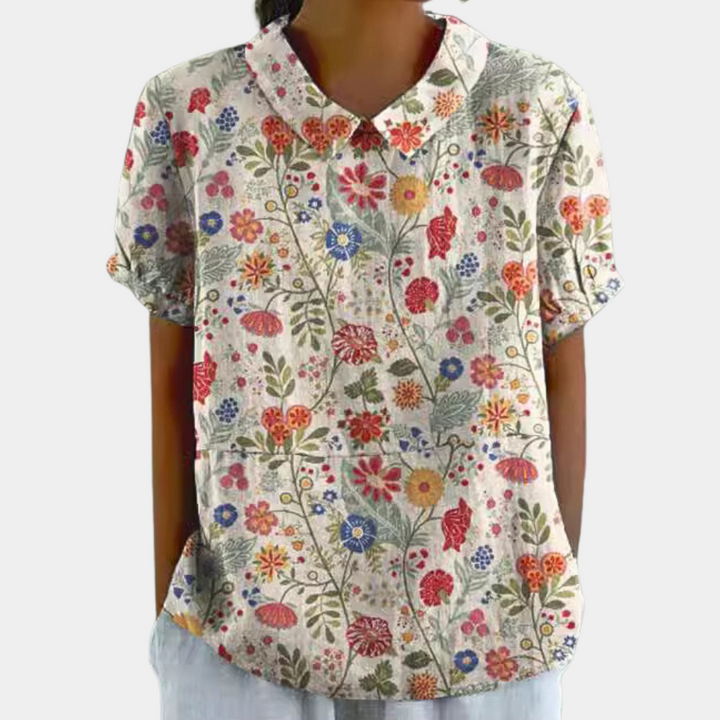 Women's floral short sleeve blouse with Peter Pan collar, perfect for spring & summer casual elegant daily wear.