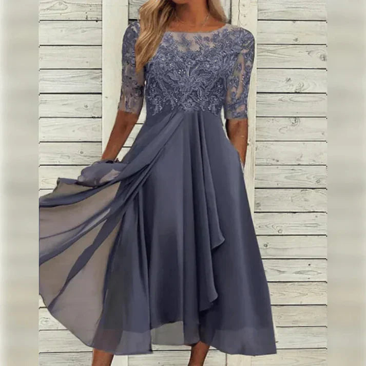 Elegant women's fall dress in luxurious gold. Perfect long sleeve classy party dress for special occasion wear.