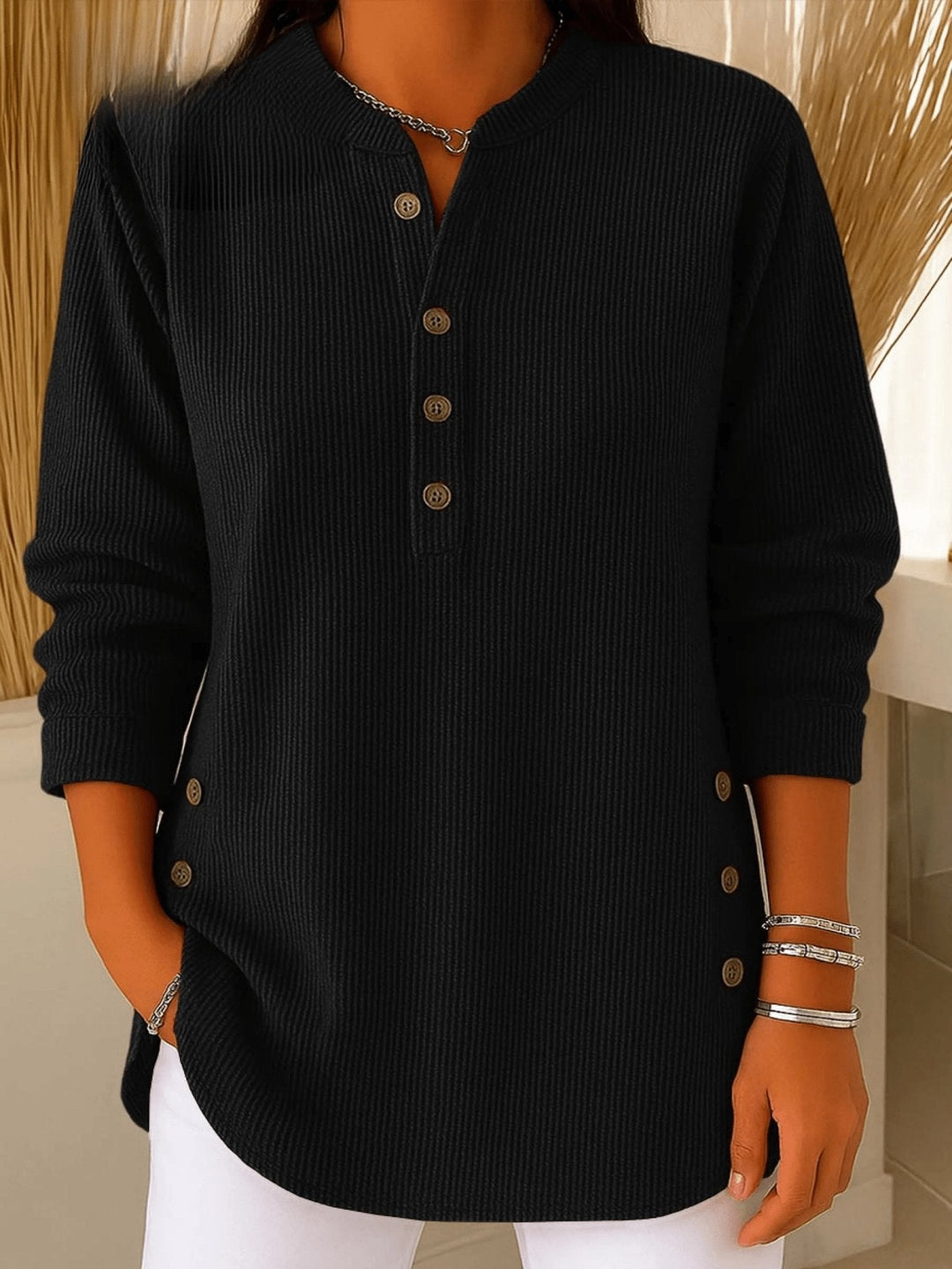 Soft ribbed longline Henley tunic top for women, ultimate comfort & stylish fall/winter layering.