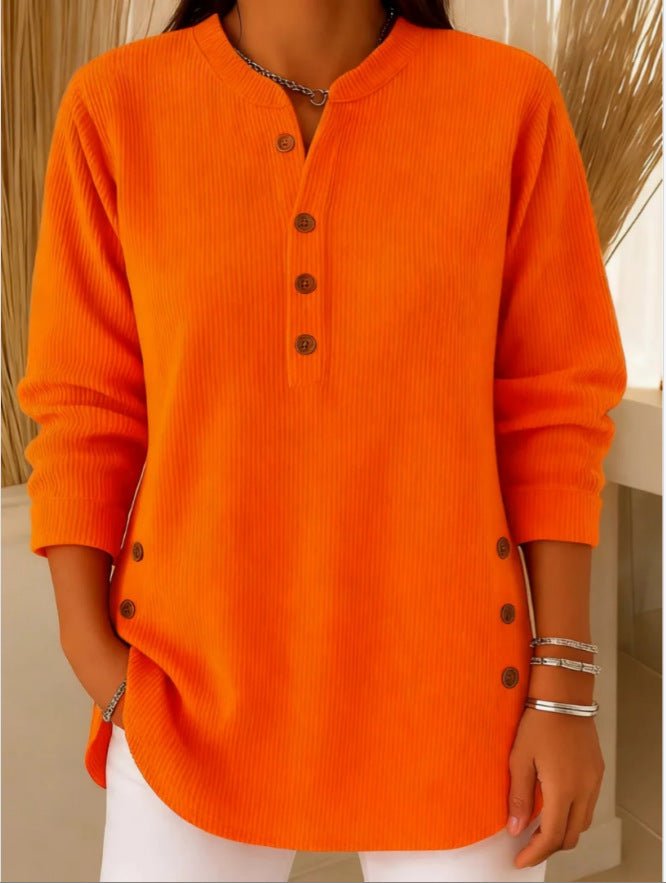Women's classic ribbed Henley tunic top, cozy & chic for fall fashion, comfortable longline design.