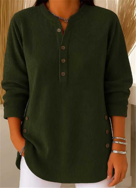 Warm women's ribbed Henley tunic top, longline design for cozy fall & winter fashion, relaxed fit.