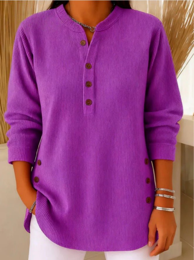 Women's comfortable longline ribbed tunic, Henley shirt style, perfect for layering & casual comfort.
