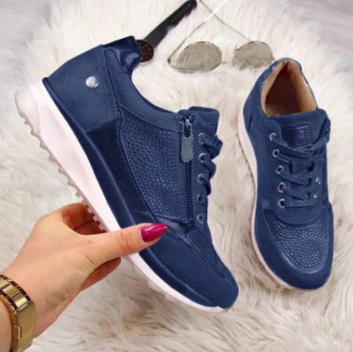 Dazzling women's rhinestone sneakers, sparkle footwear with practical zip & lace-up design. Platform style.