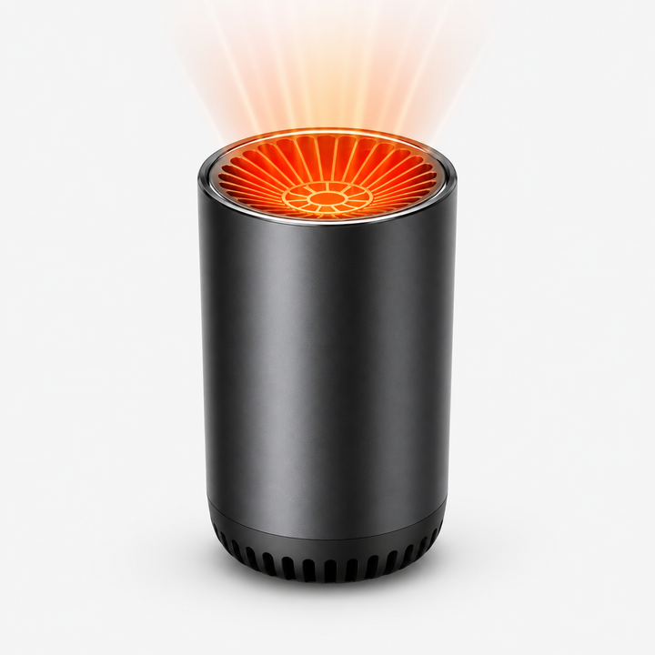 Compact 12V car heater fits cup holders, providing fast warming and defogging for winter vehicle comfort.
