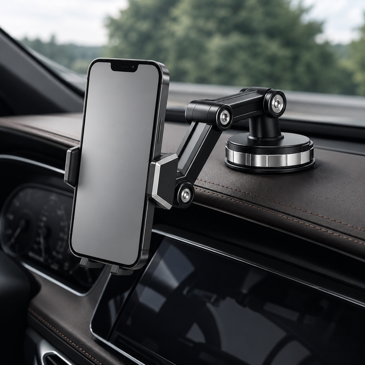 Versatile car phone holder with strong grip for dashboard or air vent. Adjustable for optimal smartphone viewing & safety.