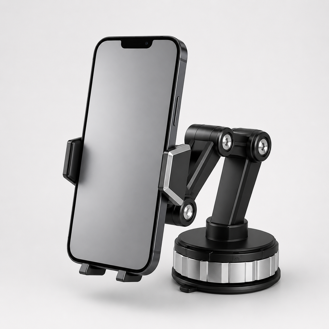 Universal car phone mount with adjustable arm & grip, perfect for dashboard or air vent. Keeps smartphone secure while driving.
