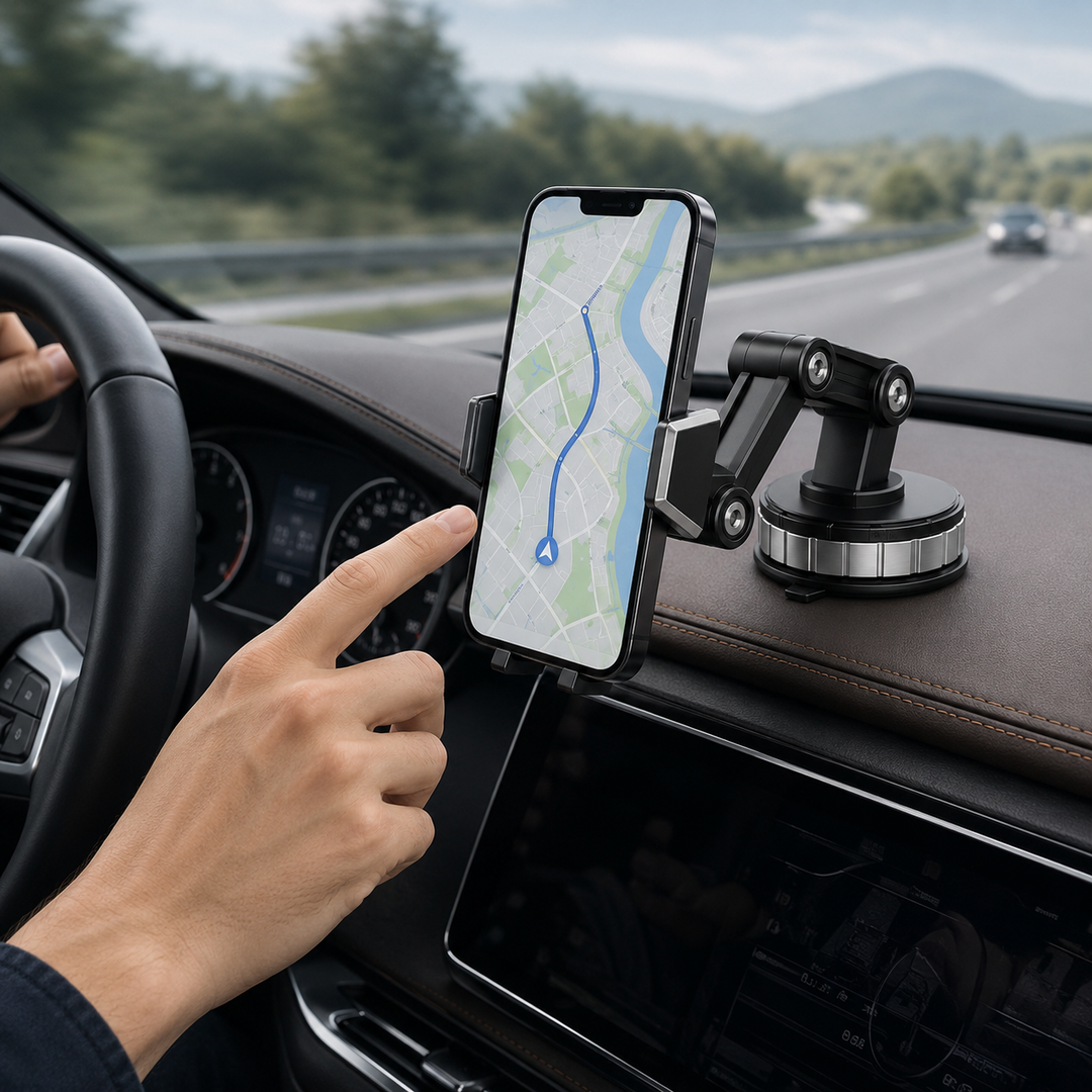 Secure & stable adjustable car phone mount for dashboard or air vent. Keeps smartphone firmly in place for safe driving navigation.