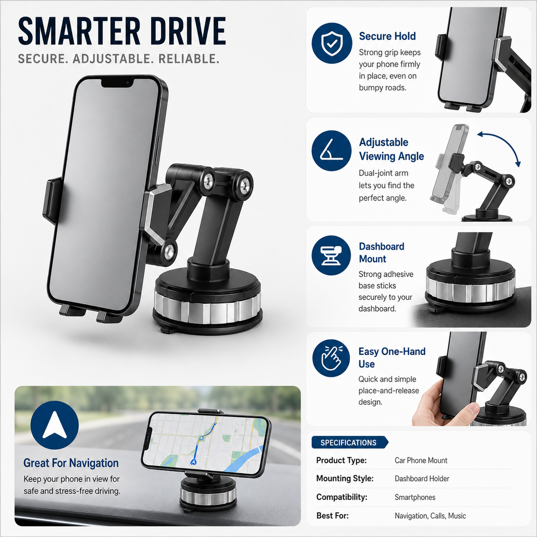 Dashboard & air vent car phone mount, adjustable holder for smartphones. Enhances safe driving and easy navigation view.