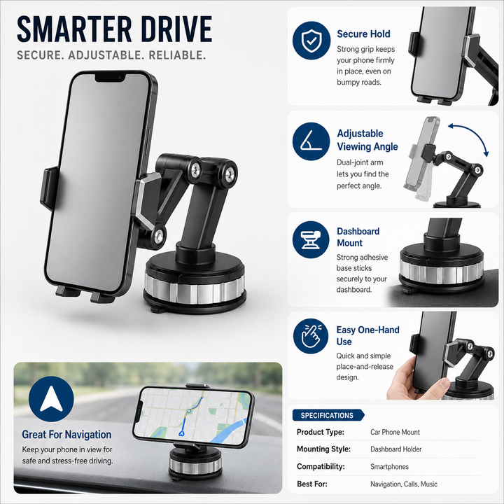 Dashboard & air vent car phone mount, adjustable holder for smartphones. Enhances safe driving and easy navigation view.