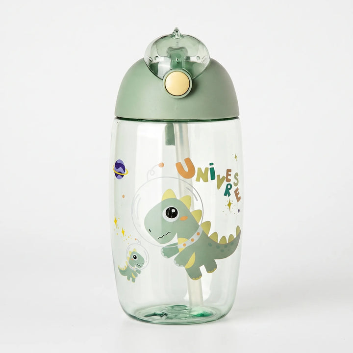 Portable plastic dinosaur water bottle with straw for children's school lunchboxes & outdoor fun.
