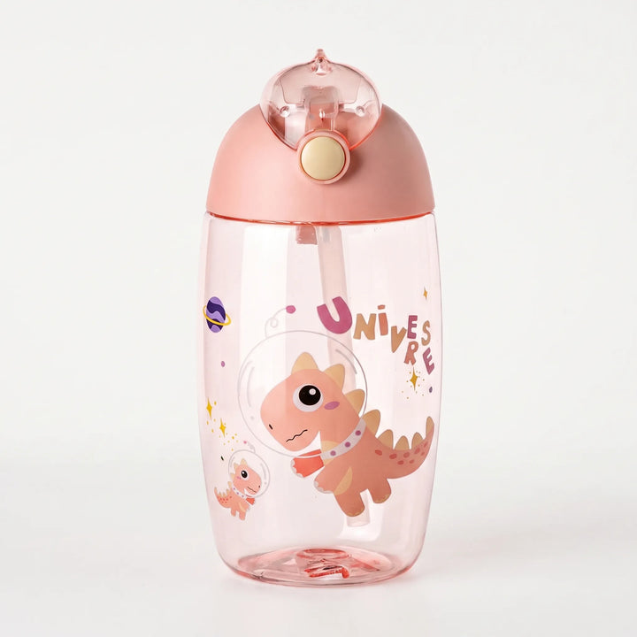Children's dinosaur drinkware, a sturdy plastic water bottle with straw for school and travel.