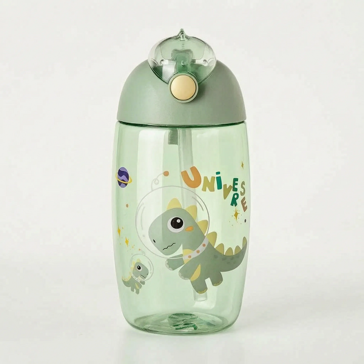 Cartoon dinosaur kids' water bottle, plastic with an integrated straw, essential for toddler hydration.