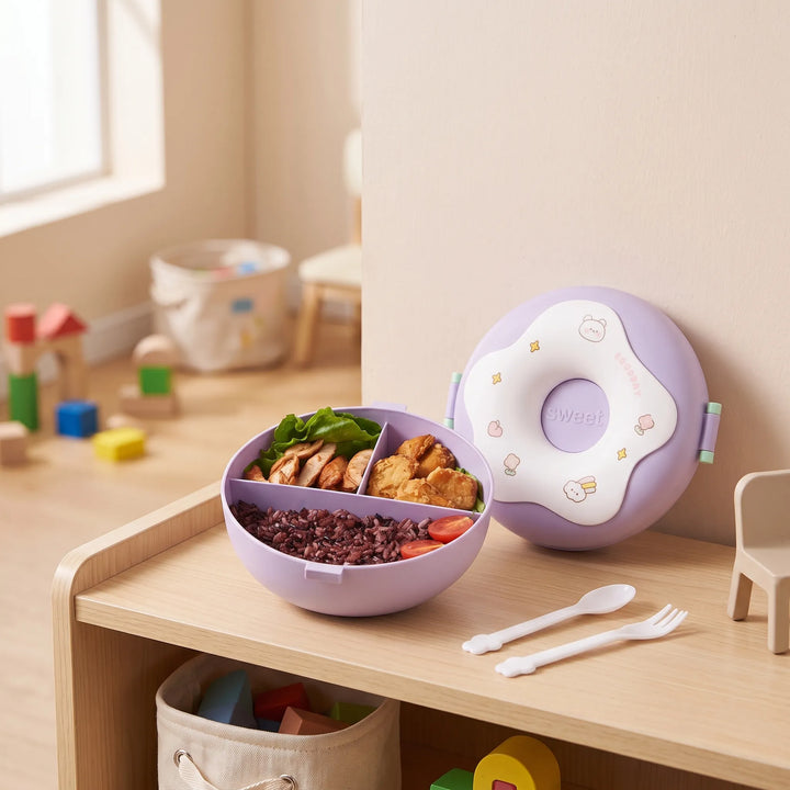 Fun doughnut shaped kids lunch box with compartments, perfect for school snacks & meals.