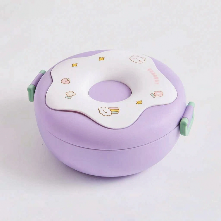 Fun doughnut food storage container, perfect multi-compartment snack box for kids' school or picnic.