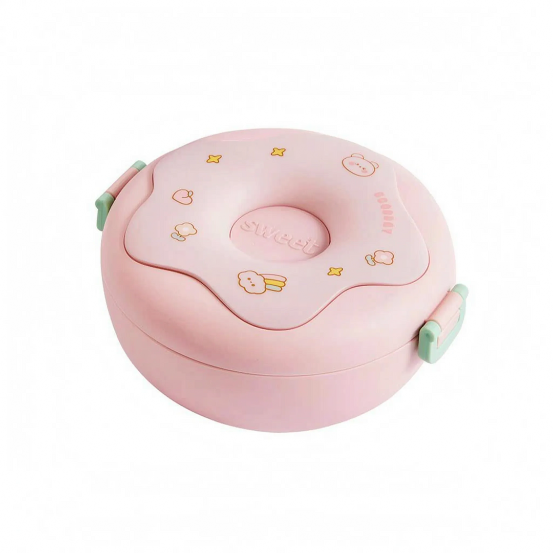 Playful doughnut design compartment lunch box for kids, ideal plastic food container for school lunches.