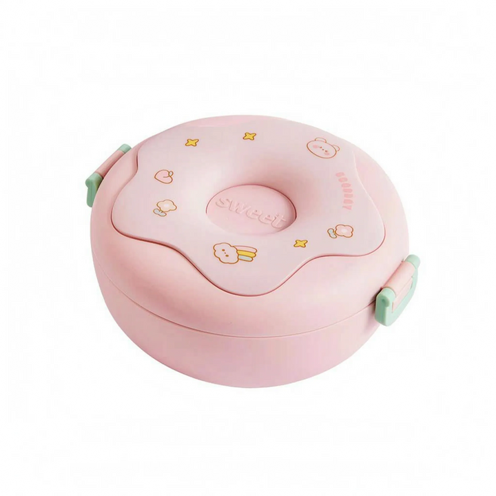 Playful doughnut design compartment lunch box for kids, ideal plastic food container for school lunches.