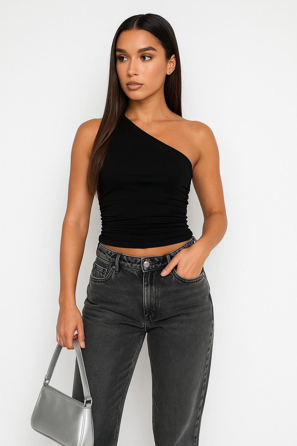 Chic women's asymmetric one-shoulder tank top, modern short sleeve design for warm weather.
