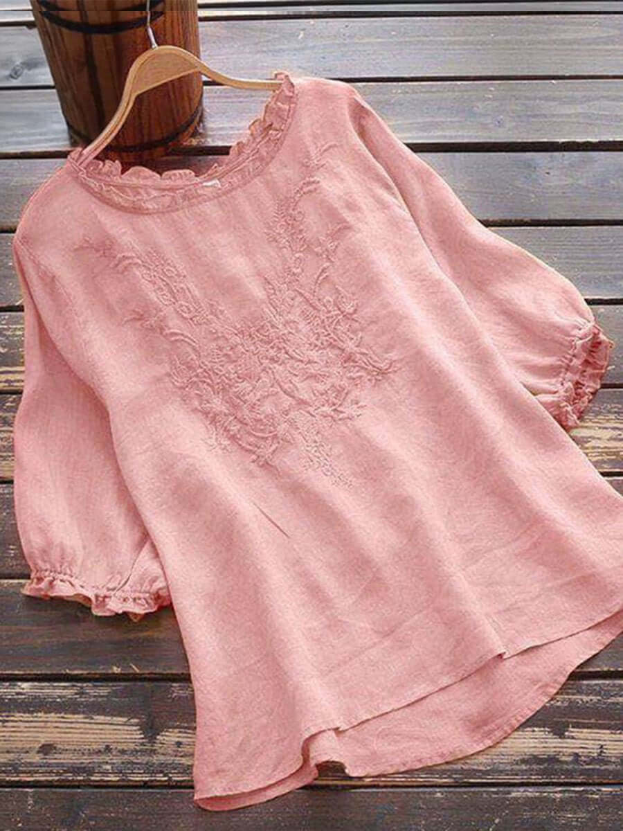 Chic women's casual embroidered long sleeve blouse, a versatile over-thigh tunic for everyday fashion.