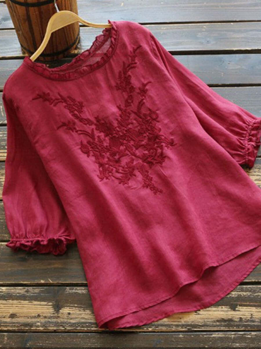 Women's embroidered casual long sleeve blouse, comfortable over-thigh tunic top for elegant daily wear.