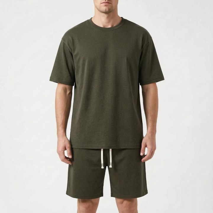 Men's casual summer shorts set featuring drawstring shorts & a comfortable round neck tee. Two-piece.