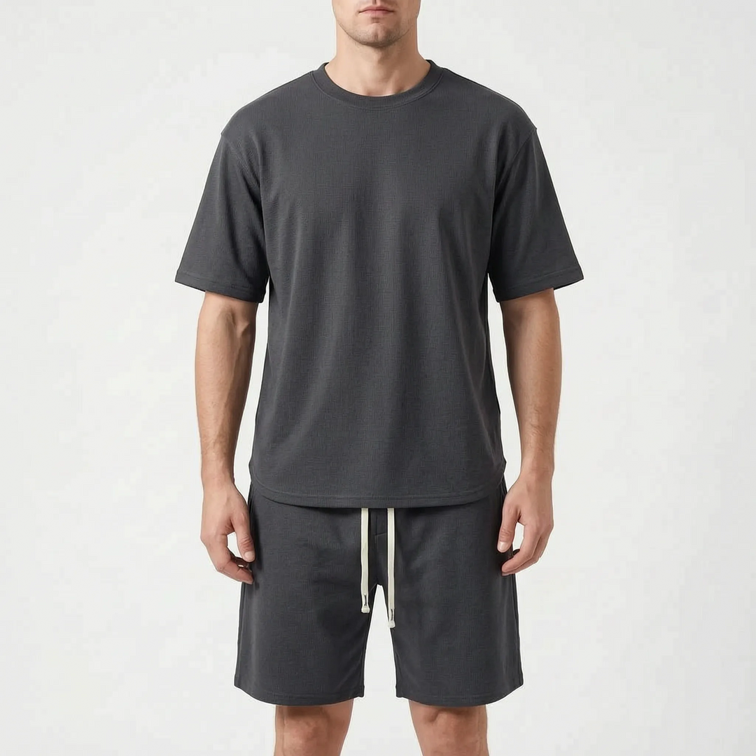 Men's two-piece casual tracksuit set. Summer comfort shorts and round neck t-shirt.