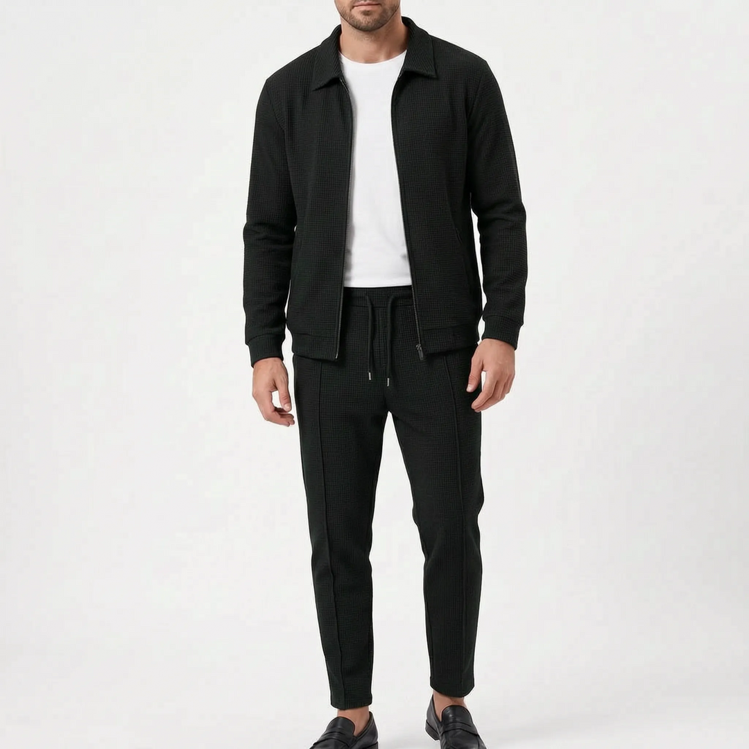 Men's waffle textured tracksuit set, a comfortable two-piece casual outfit with zip & drawstring.