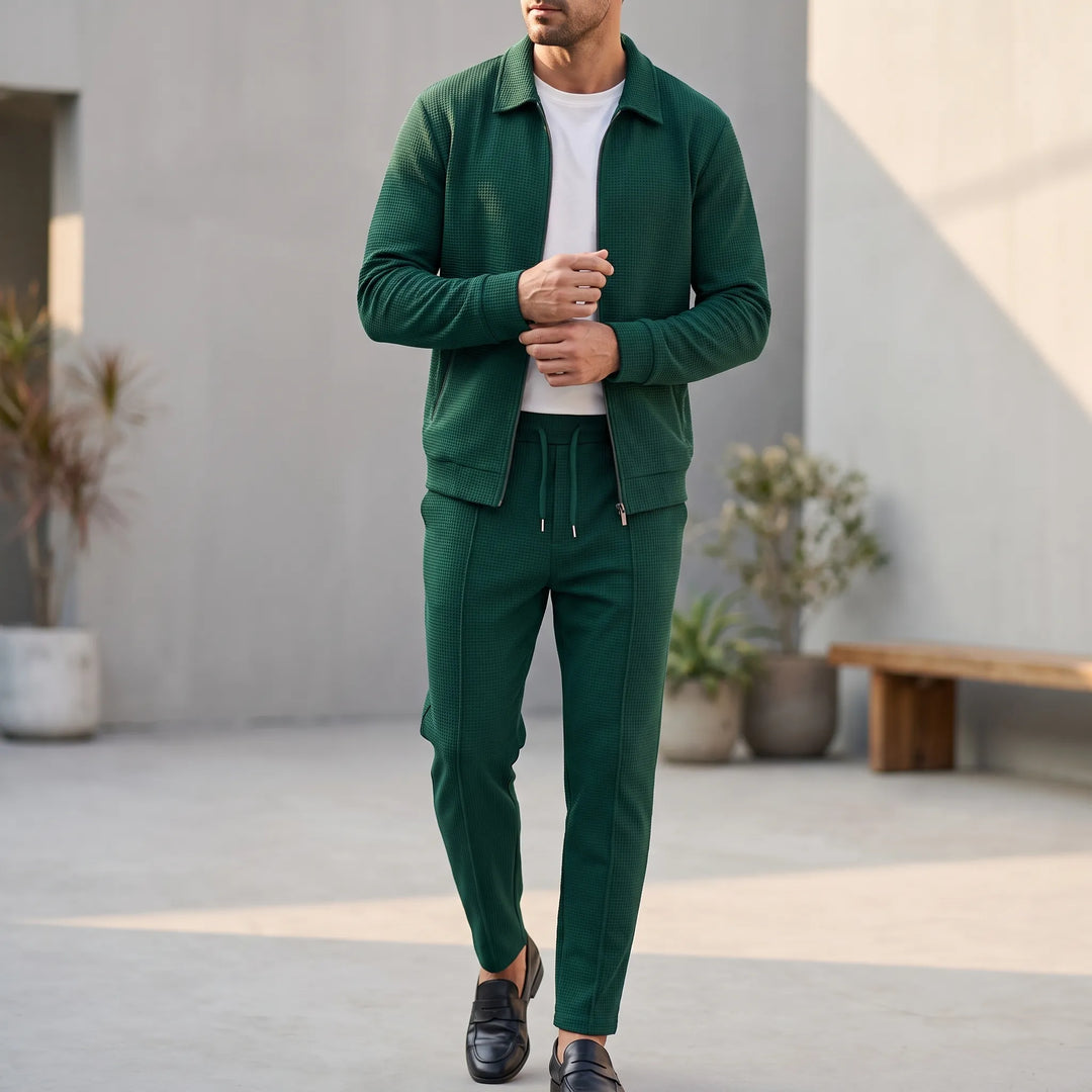 Men's casual waffle textured tracksuit set, perfect for relaxed style & comfort.