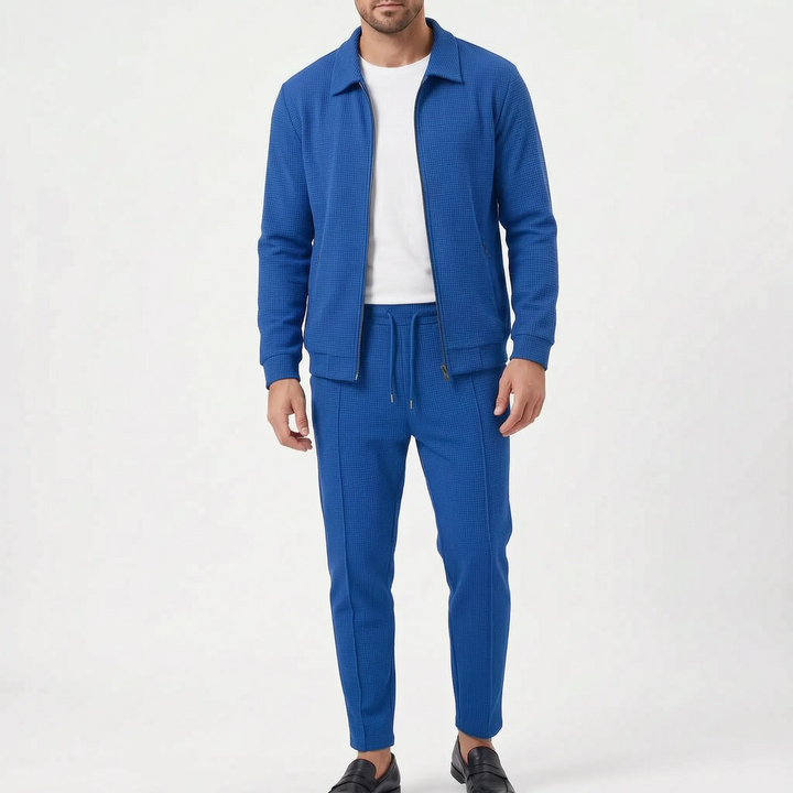 Men's casual waffle knit tracksuit set. Textured loungewear with zip jacket & drawstring pants.