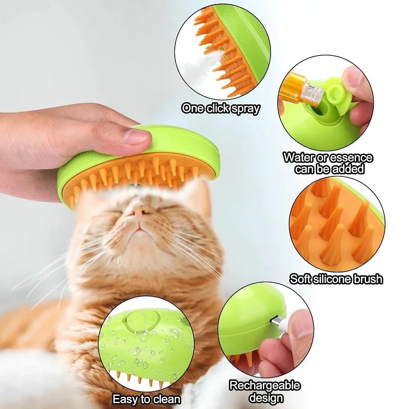 Easy-to-use pet grooming steam brush for home deshedding & cleaning cat fur, enhancing pet care effortlessly.