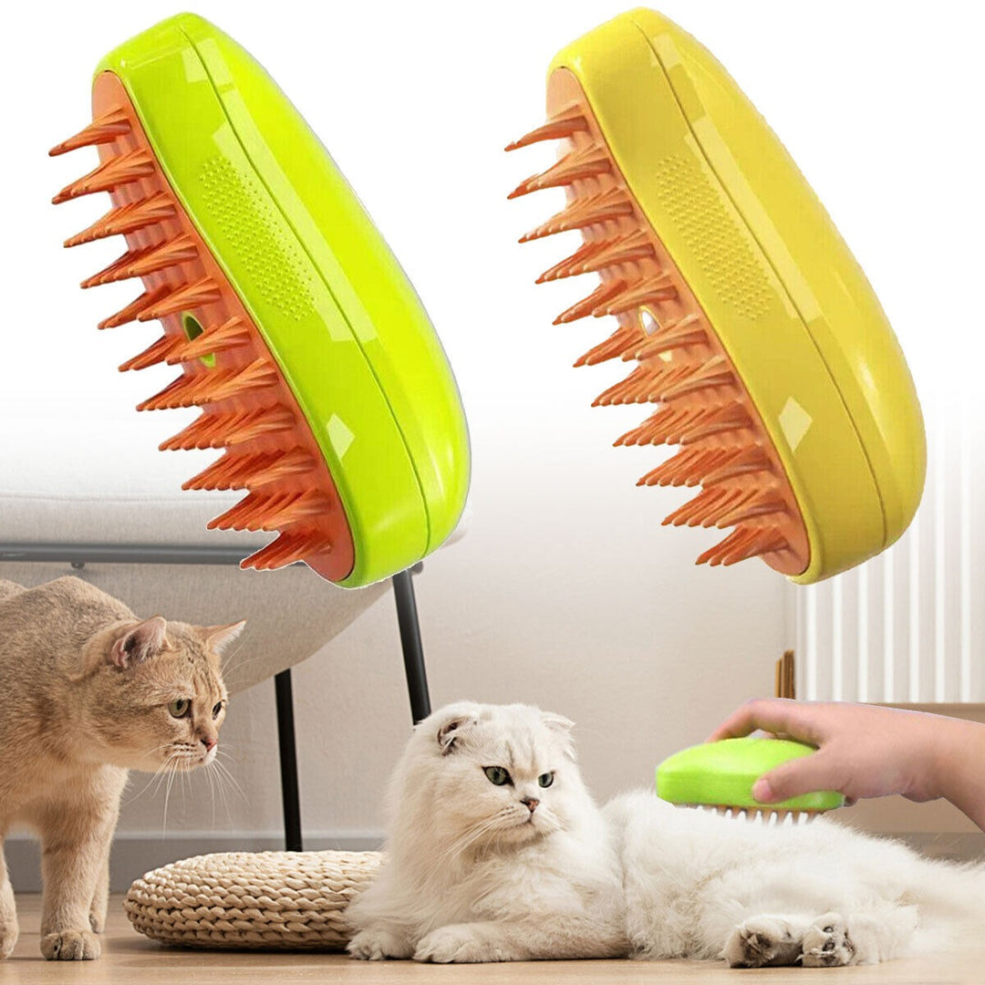Pet grooming steam brush cleaning cat fur, effectively removing loose hair and dirt for a healthier coat.