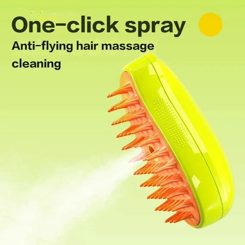 Yellow 3-in-1 steam cat brush, perfect for home grooming, deshedding, and massaging your beloved pet.