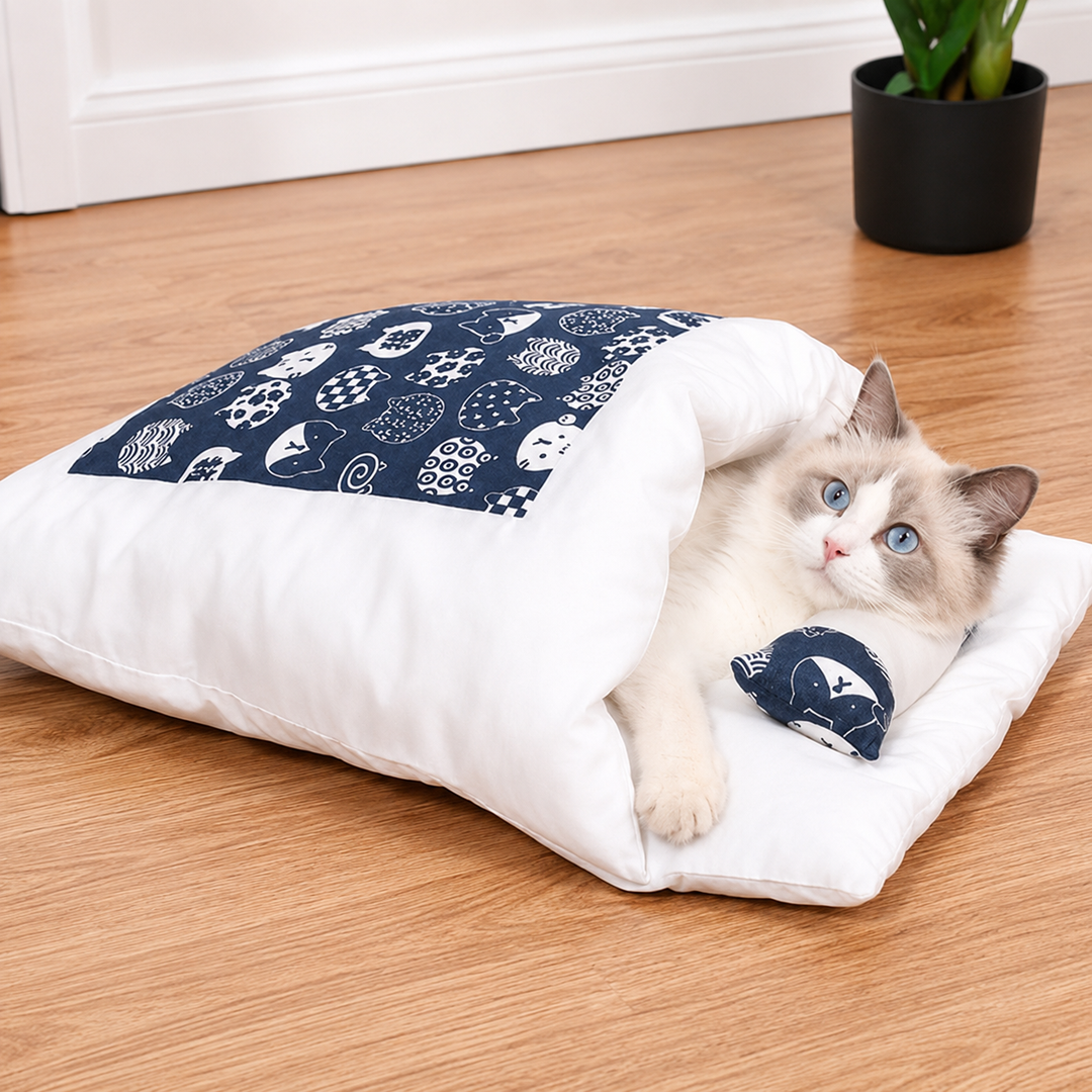 Soft plush cat bed cave, a warm sleeping bag designed for indoor cats' ultimate comfort and relaxation.