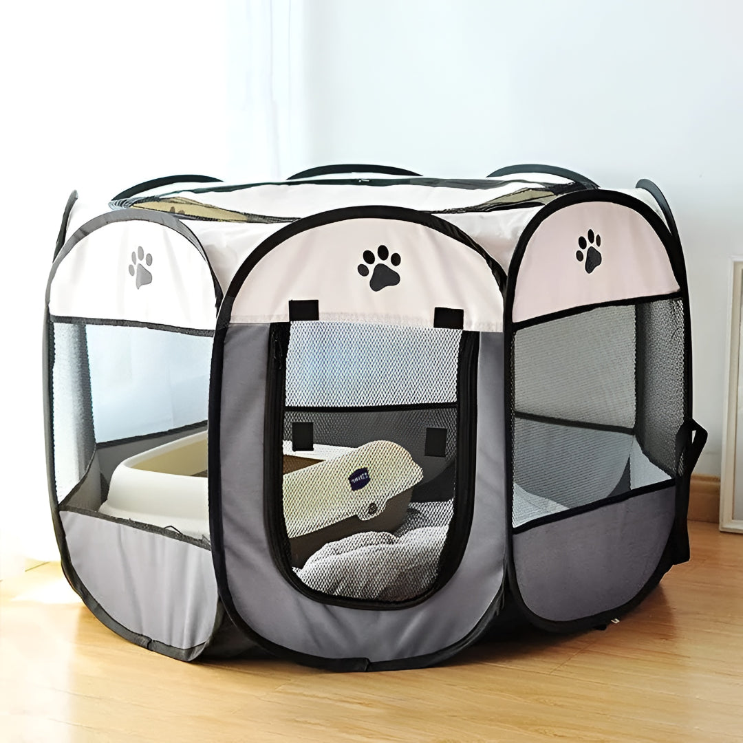 Easy setup mesh pet play yard for small animals & cats. Portable foldable design.