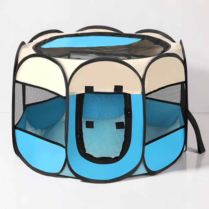 Portable & foldable mesh cat playpen for travel. Easy setup for small animals.