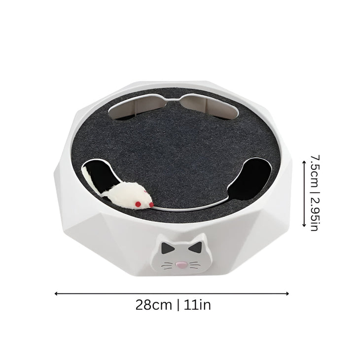 Multi-function cat activity center with interactive mouse & scratch pad. Ideal for active pet entertainment & feline fun.