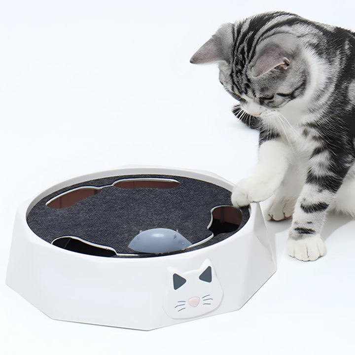 Cat activity center with a durable scratch pad & interactive mouse toy. Keeps cats entertained & claws healthy.