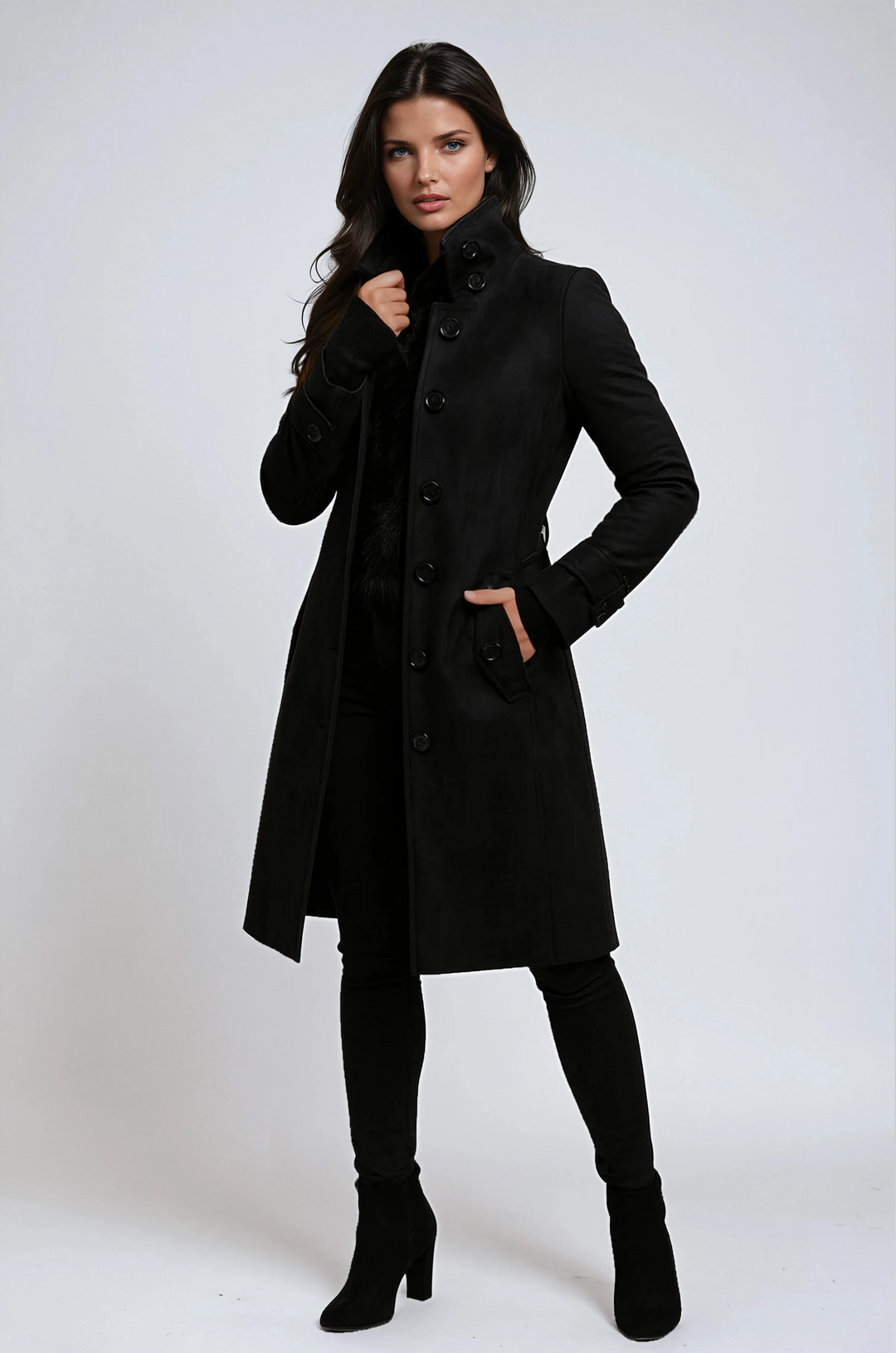 Timeless women's elegant longline coat, perfect for winter and autumn, featuring a stylish tailored fit & button detail.