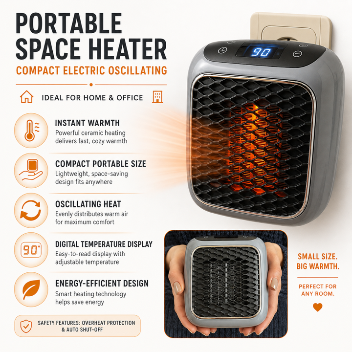 Efficient portable electric room heater with quick heating, ideal for personal comfort in any small space.
