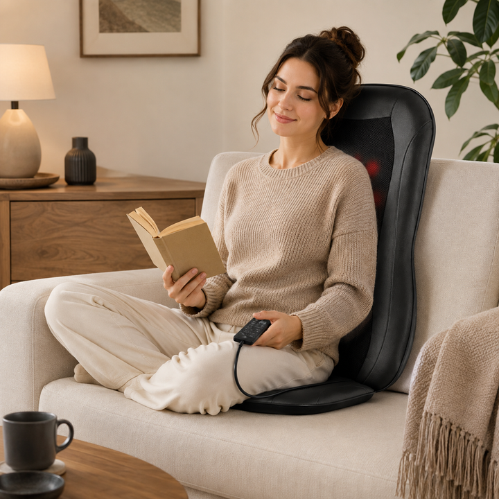 Vibrating and rolling massage seat cushion with heat therapy, ideal for back relief in office chairs.
