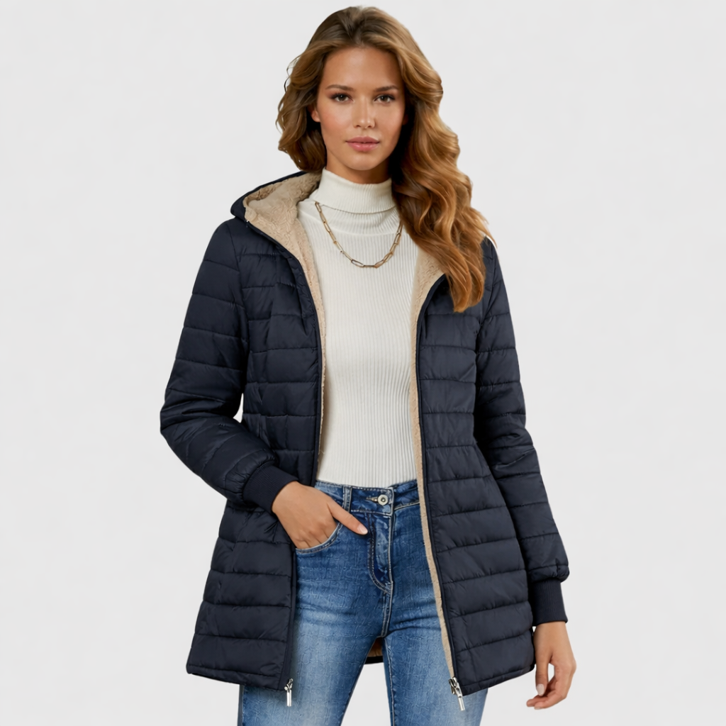Women's cozy winter puffer coat, featuring quilted design and warm lining for cold weather fashion.