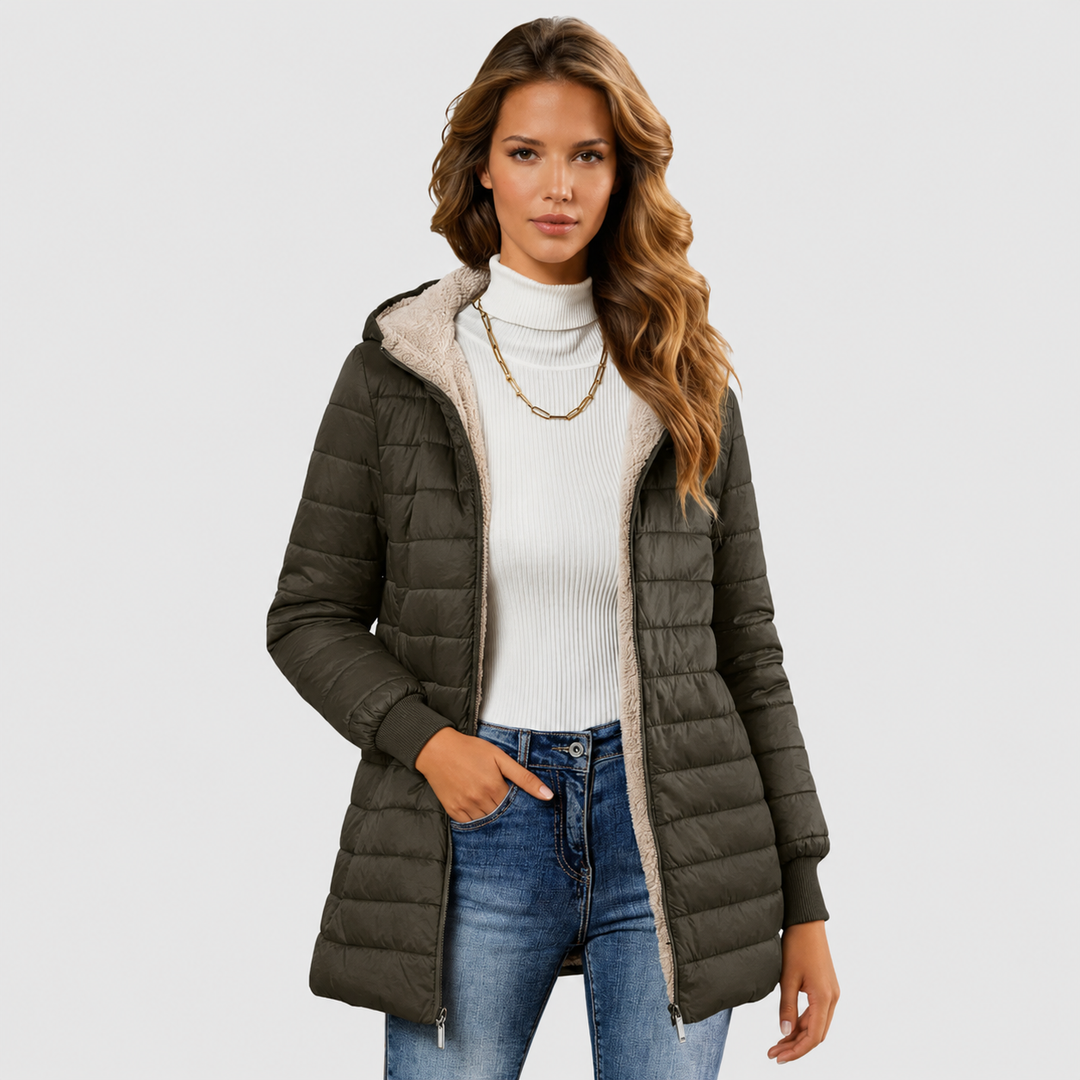 Stylish women's quilted puffer coat, a warm winter outerwear piece for ladies' cold weather fashion.