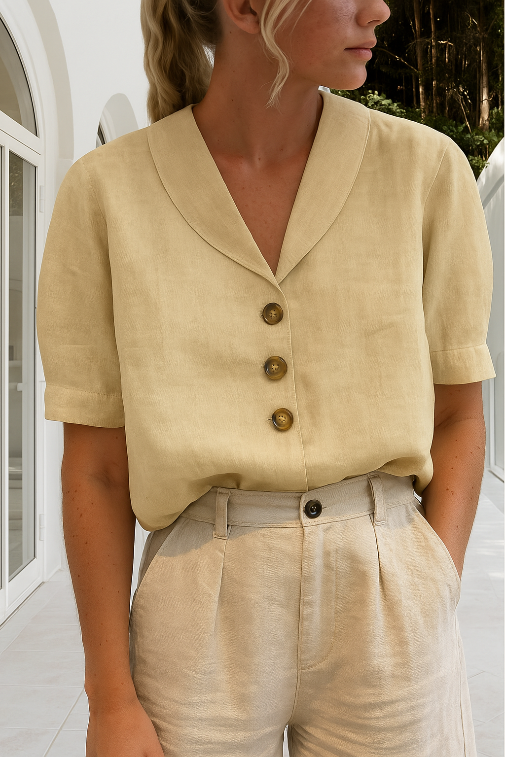 Elegant women's short sleeve V-neck blouse. Relaxed fit top, ideal for casual and comfortable summer fashion.