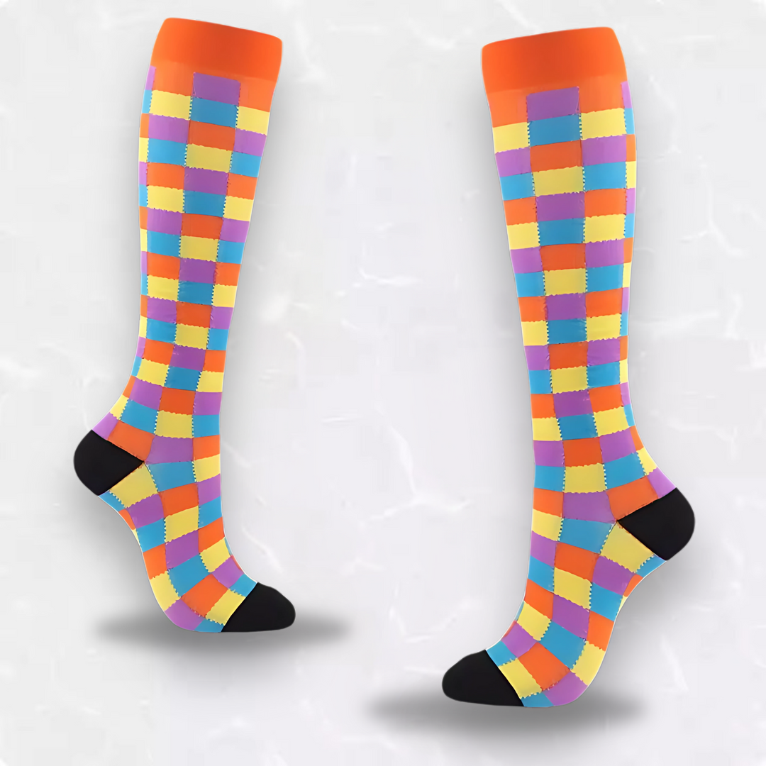 Nursing compression socks, vibrant patterns; provides all-day comfort & support.