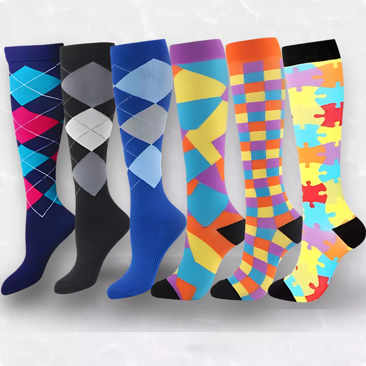 Unisex black & white checker pattern compression socks for enhanced comfort and leg support.