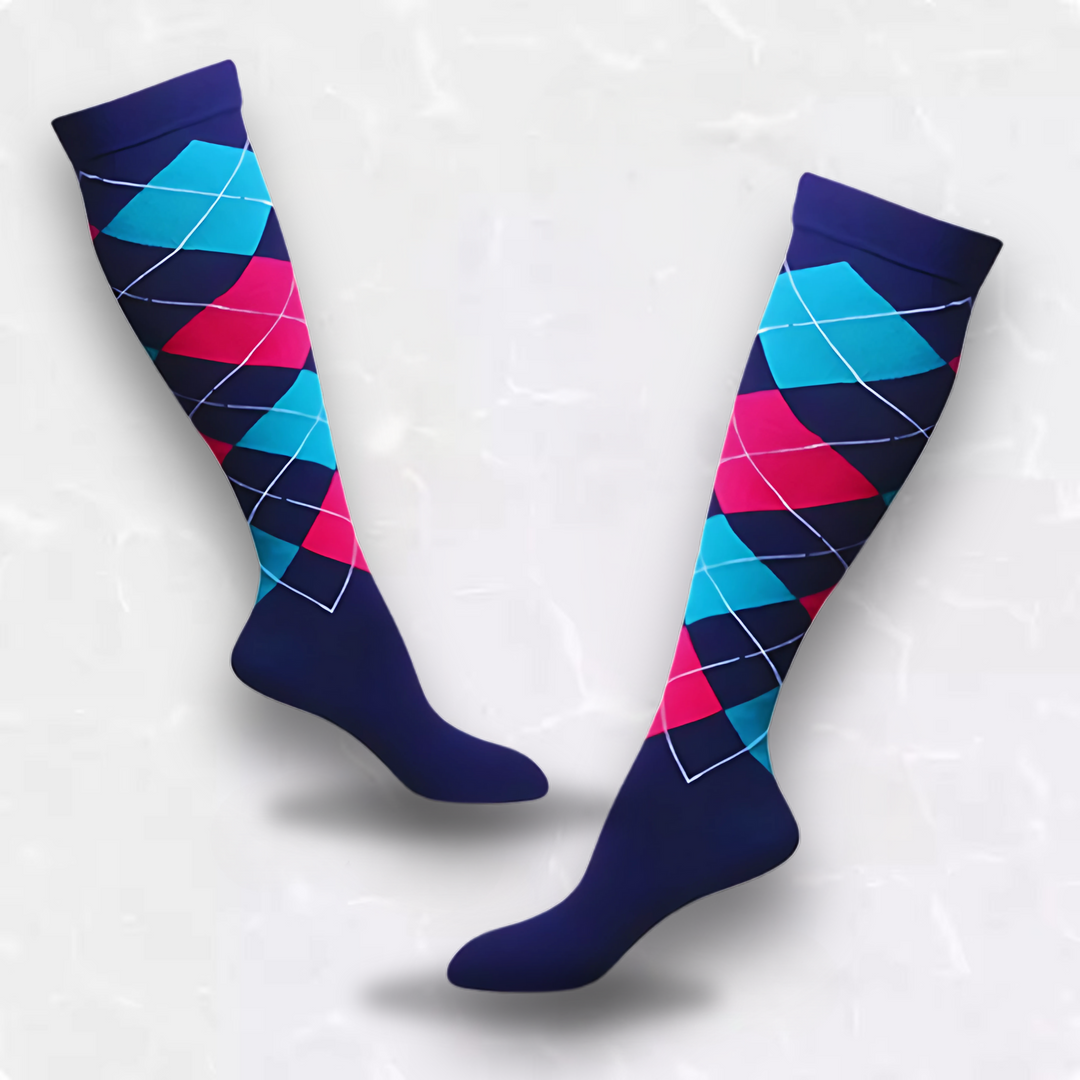 Comfortable unisex checker compression socks for activewear, travel, and improved circulatory health.