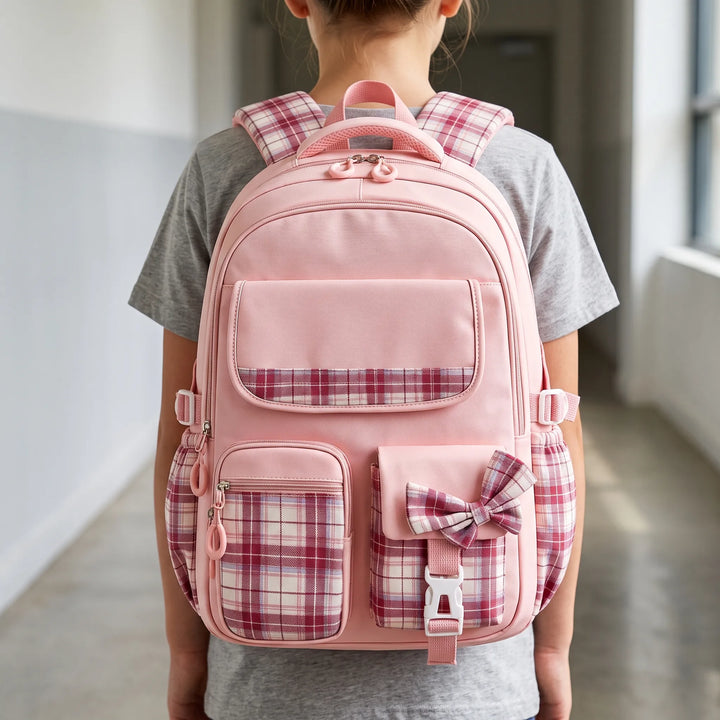 Kids' comfortable checkered school backpack for primary students. Organized & water repellent student bag.